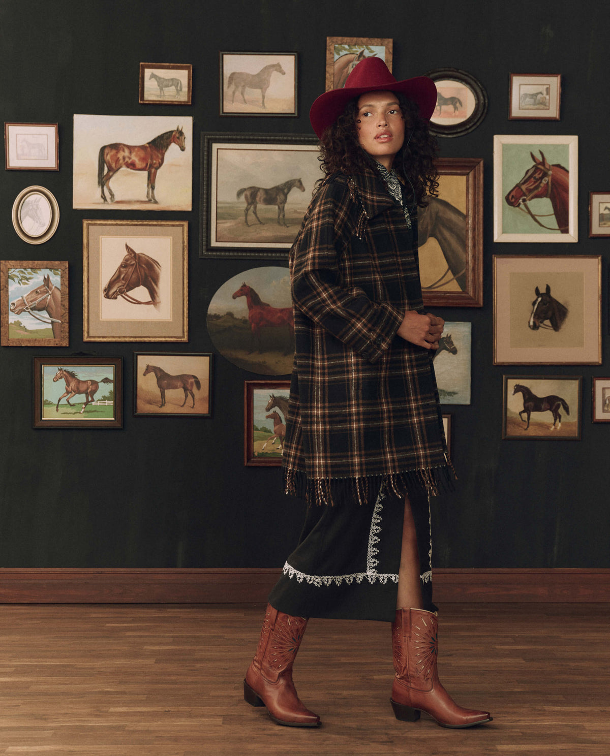 The Fringe Coat in Caramel and Black Frontier Plaid by The Great and Stetson — second view