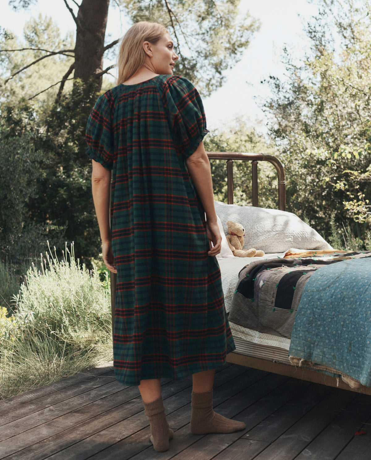 The Flannel Smocked Sleep Dress in Lodge, back view