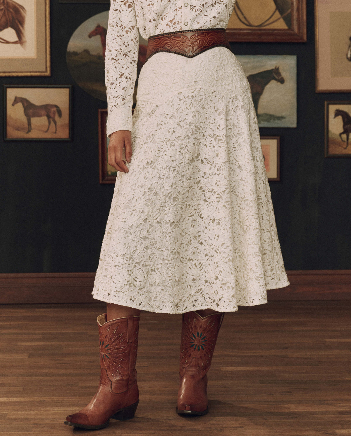 The Relic Lace Saddle Skirt in Cream by The Great and Stetson — showing the saddle yoke and full hem