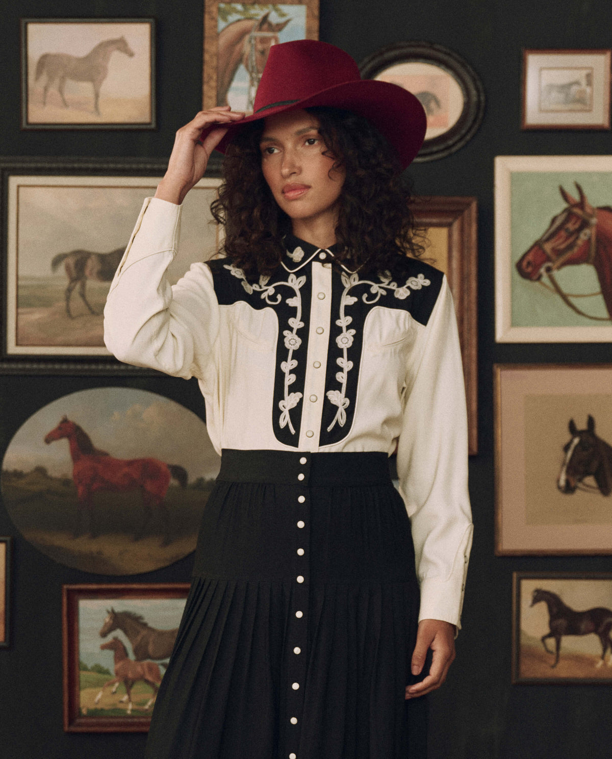 The Color Block Embroidered Western Shirt in Cream with Black by The Great and Stetson — front, showing the embroidered yoke