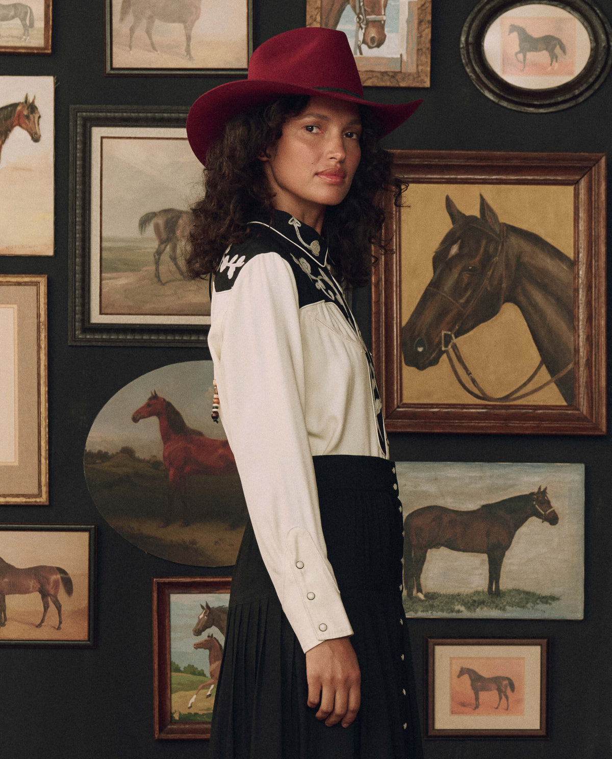 The Color Block Embroidered Western Shirt in Cream with Black by The Great and Stetson — second view