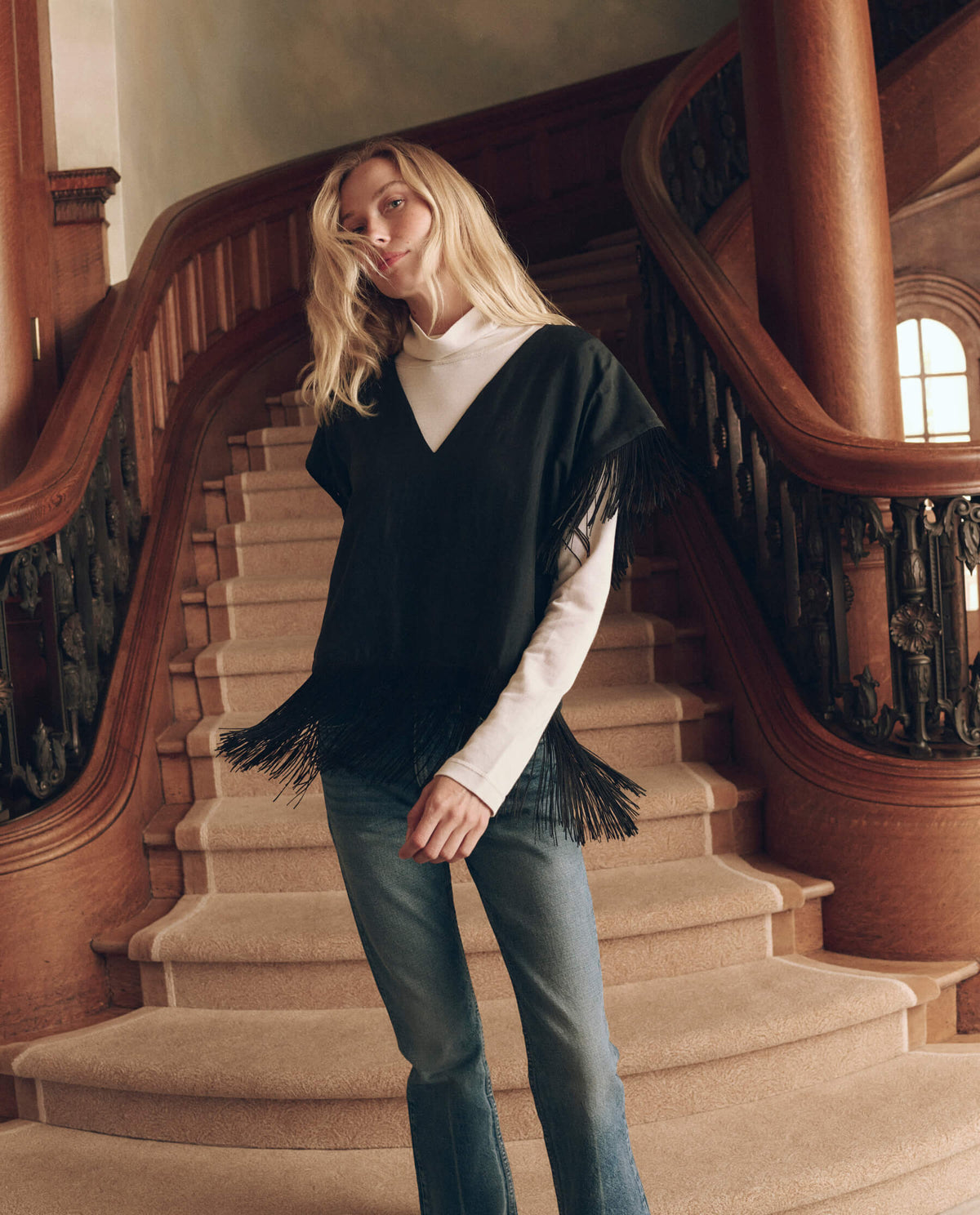 The Fringe Top in Black — full length