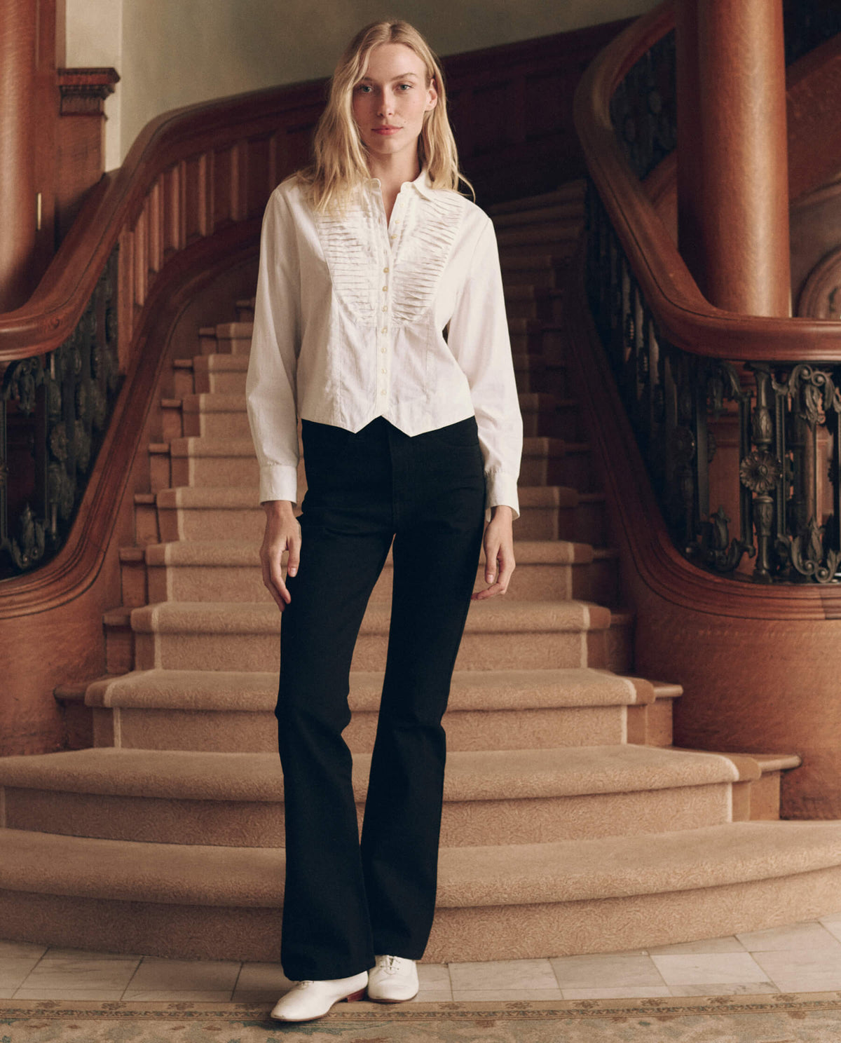 The Waistcoat Button Up in White — full length