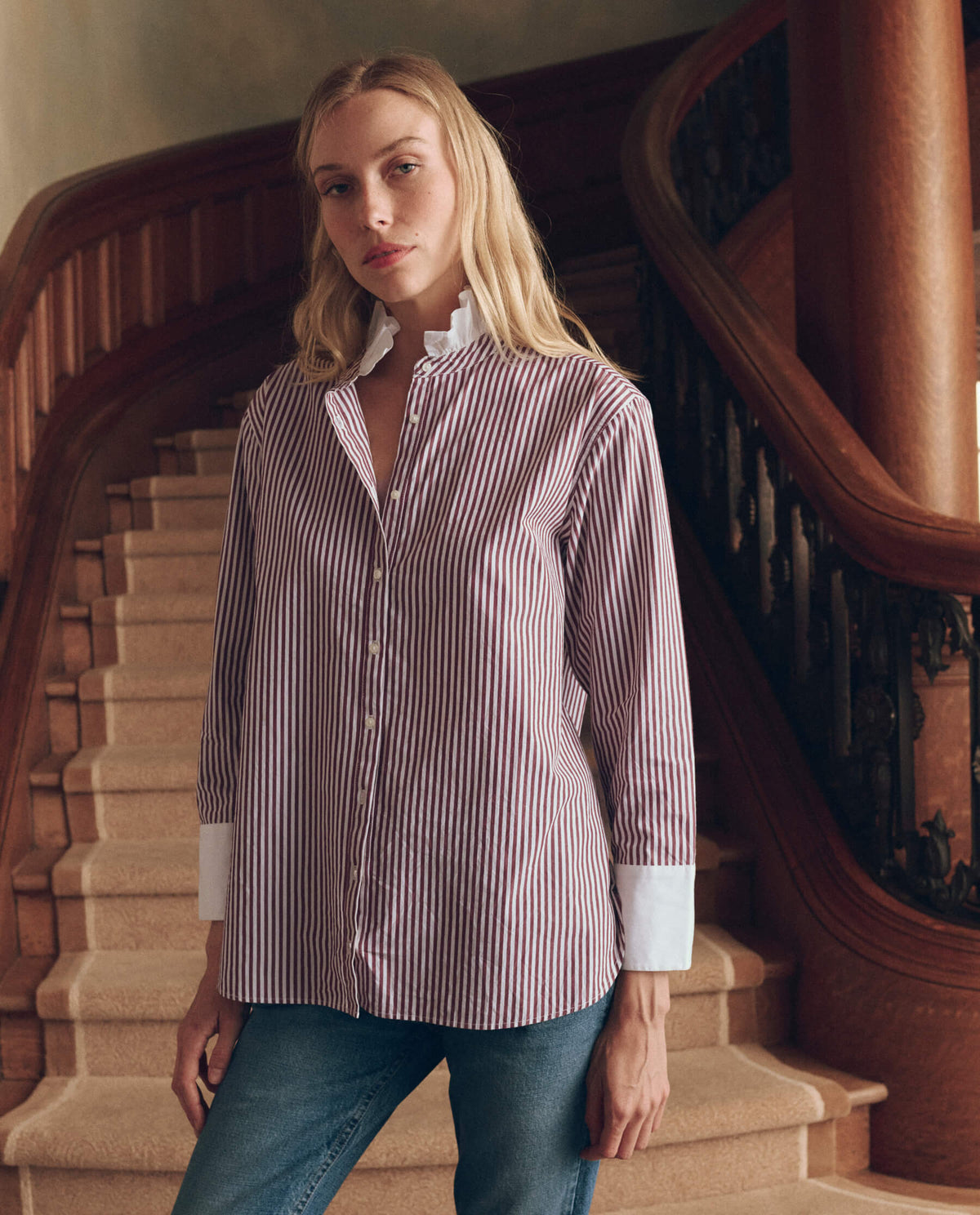 The Ruffle Neck Shirt in Yorkshire Stripe — front