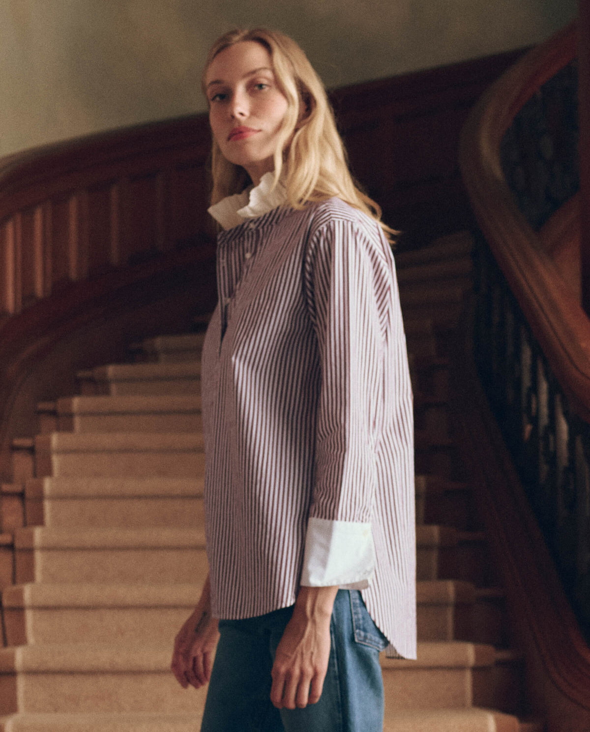 The Ruffle Neck Shirt in Yorkshire Stripe — side