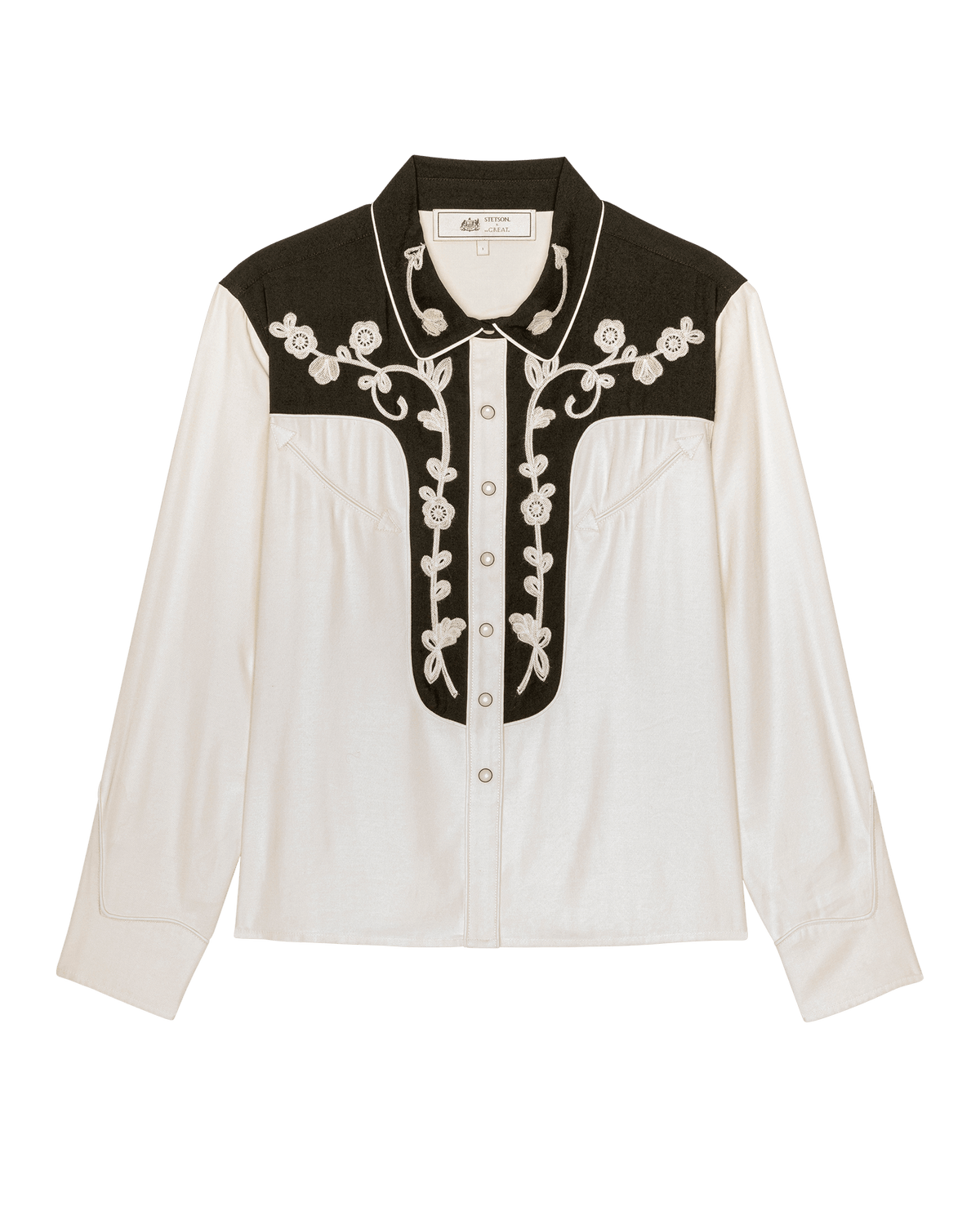 The Color Block Embroidered Western Shirt in Cream with Black by The Great and Stetson — flat product shot