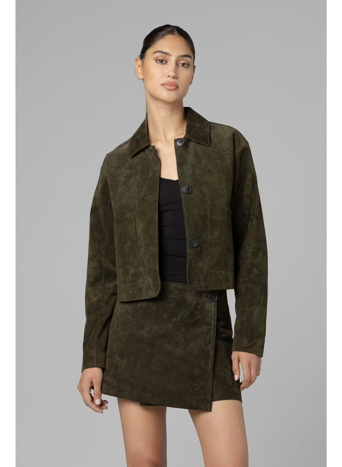 Real Suede Cropped Blazer in Spicy Herbs — view 1