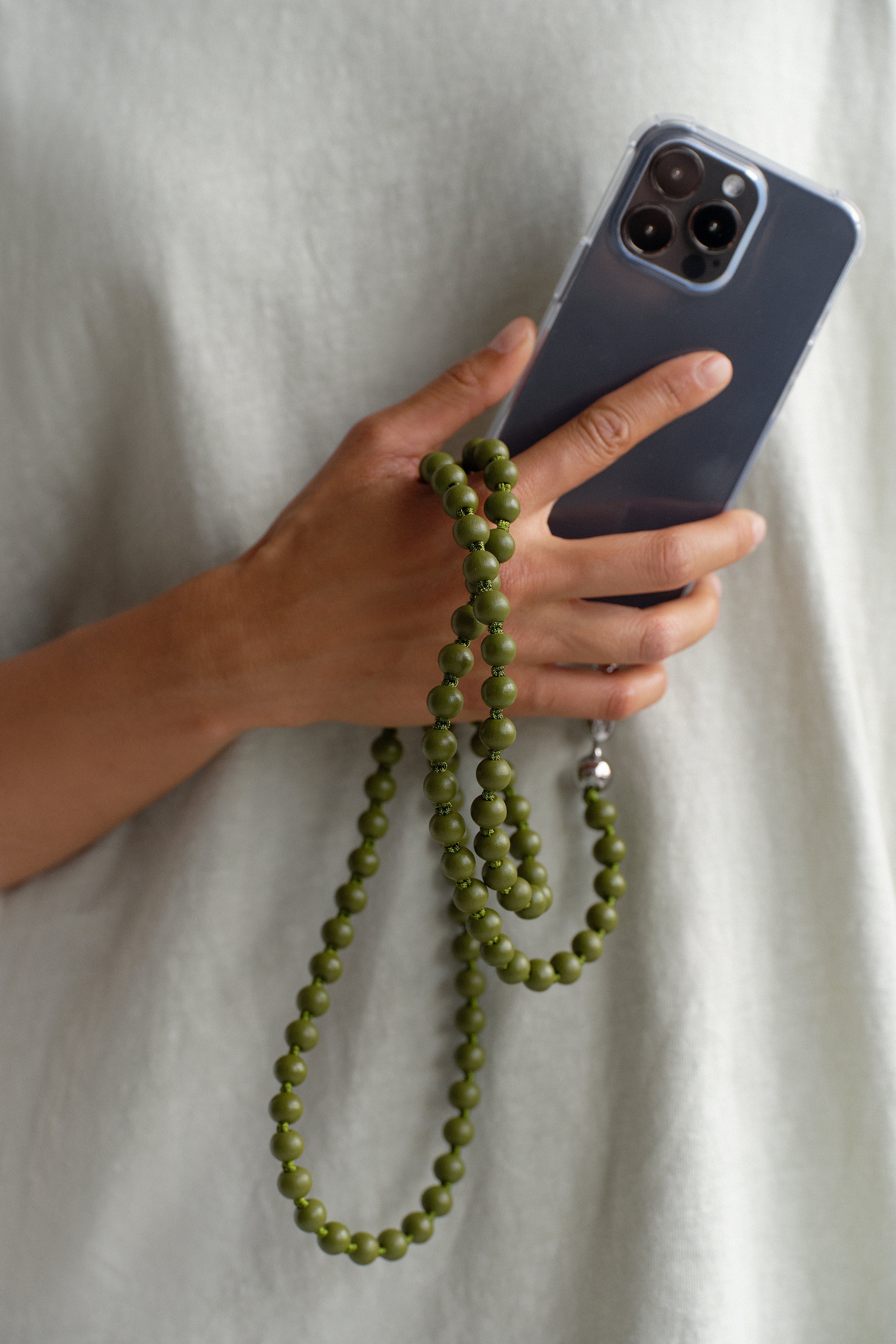 Wood Crossbody Phone Strap in Olive — front view