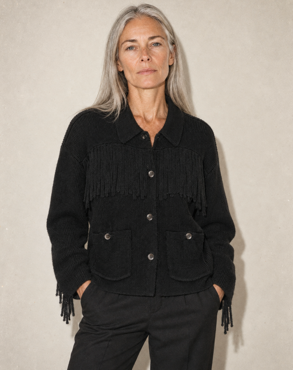 The Western Fringe Sweater Jacket in Black