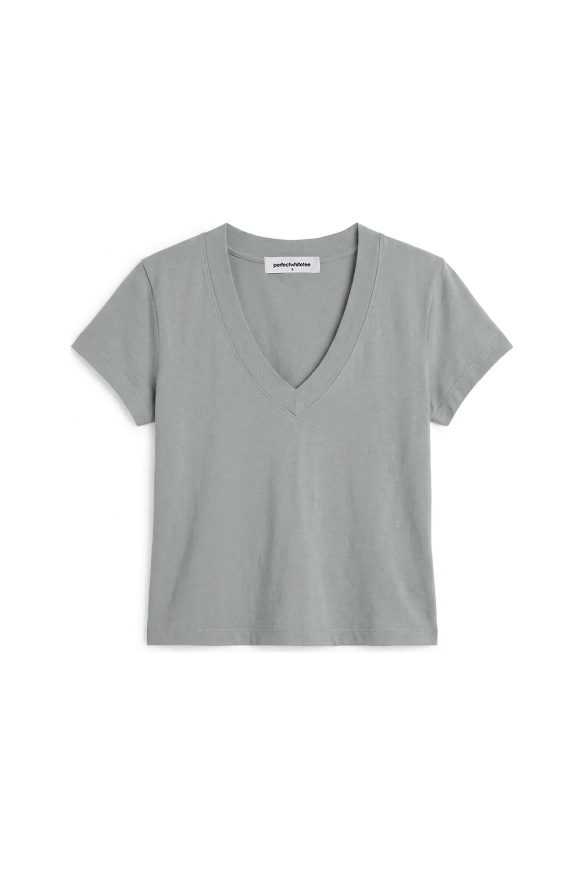 Alanis Recycled Cotton V Neck Tee in Griffin Gray, flat front view