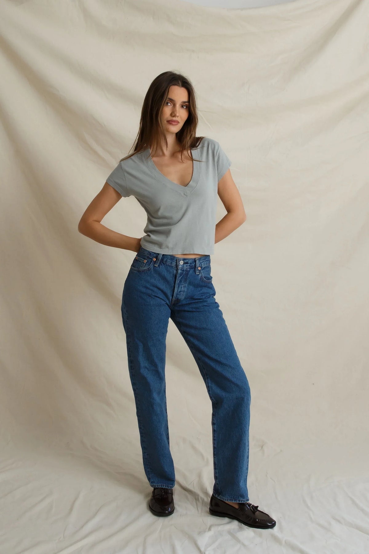 Alanis Recycled Cotton V Neck Tee in Griffin Gray, on model showing the V neckline