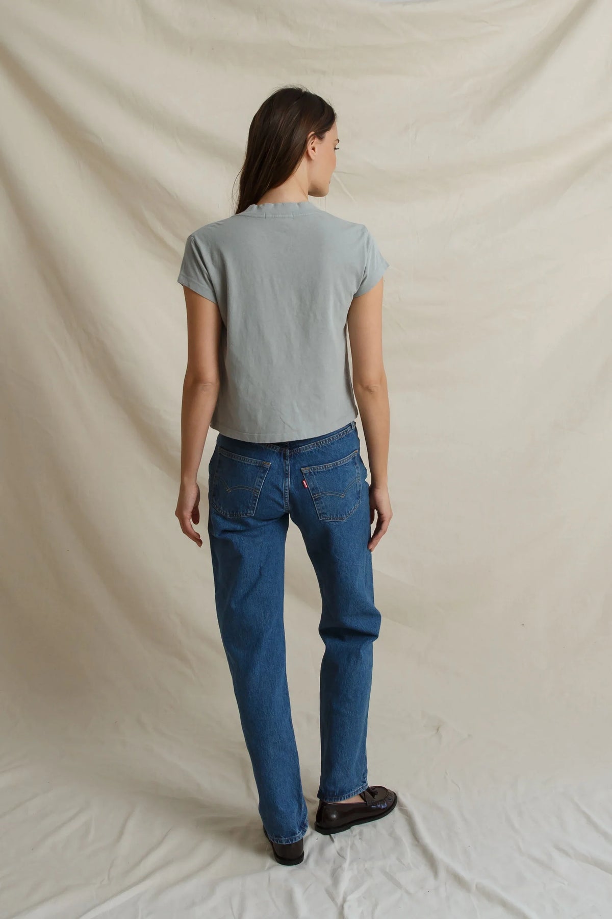 Alanis Recycled Cotton V Neck Tee in Griffin Gray, back view
