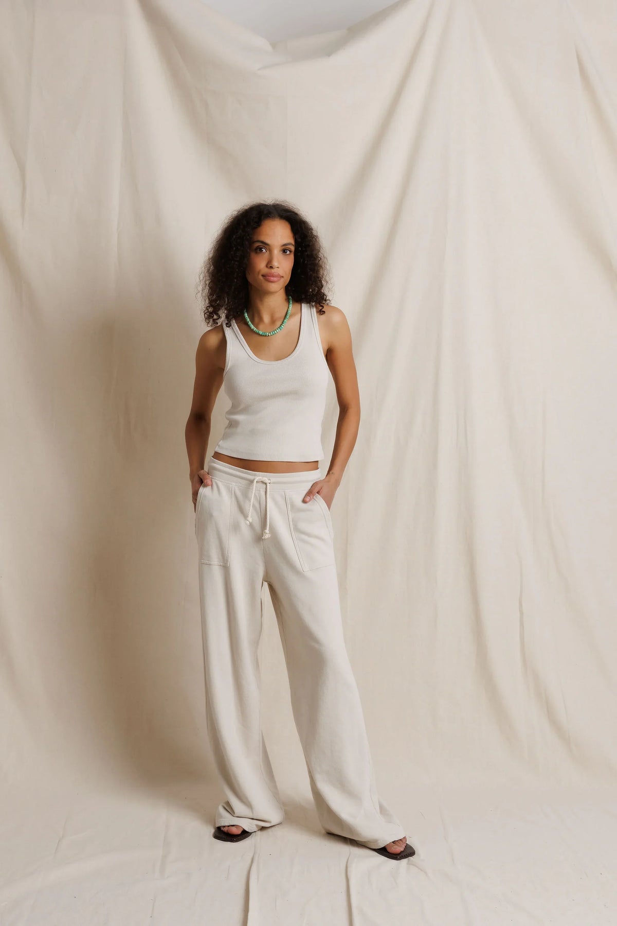 Perfect White Tee Noa French Terry Pant in Whitecap Grey, styled with the Blondie tank