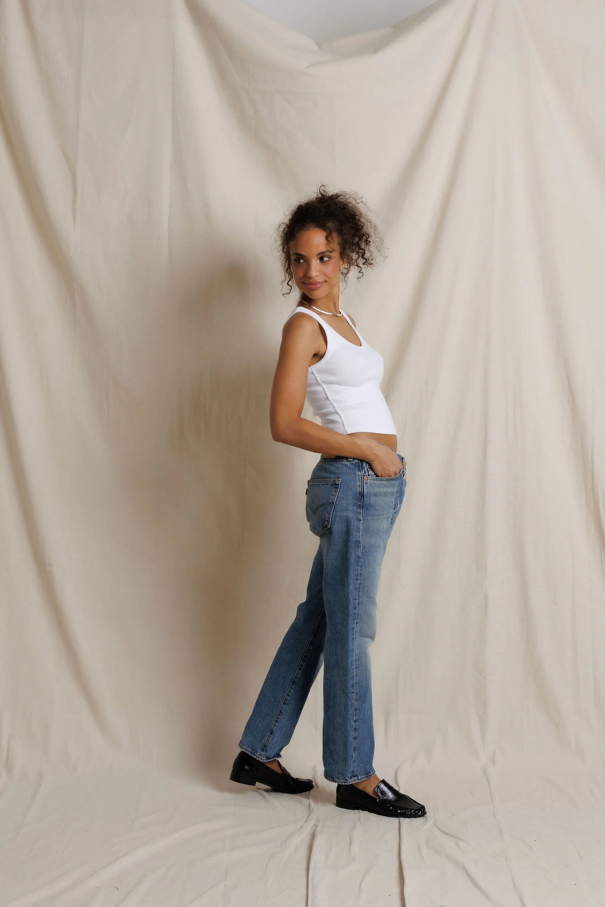 Perfect White Tee Blondie rib tank in white — on model, second view
