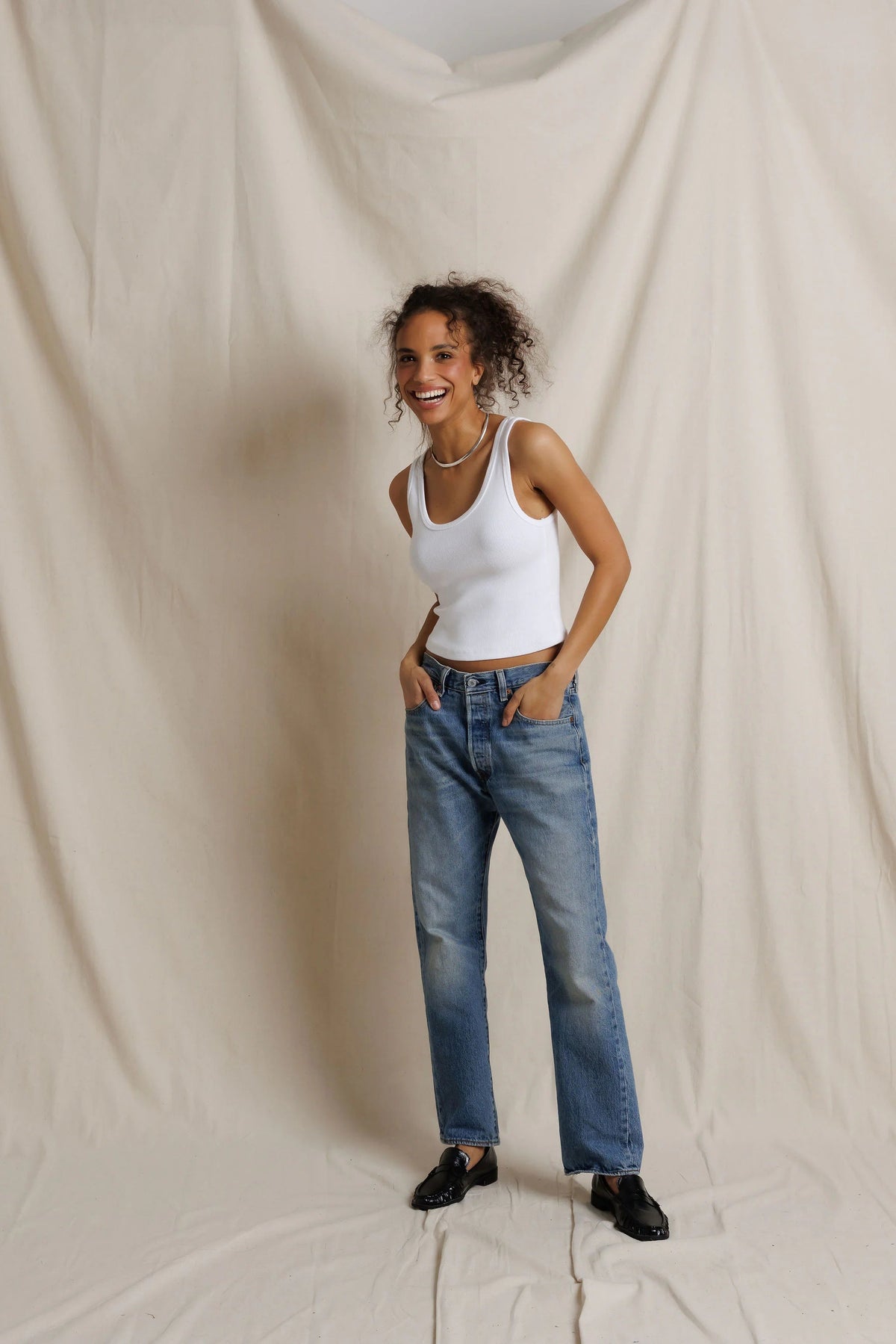 Perfect White Tee Blondie rib tank in white — on model, third view