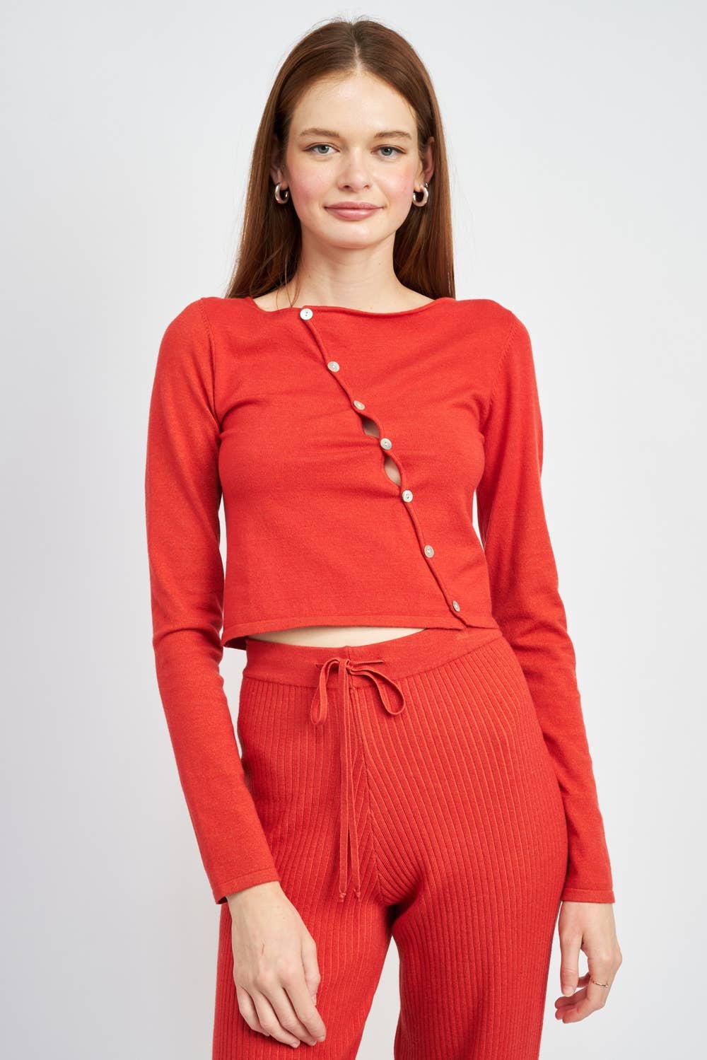 Long Sleeve Asymmetric Button Up Top in Rust