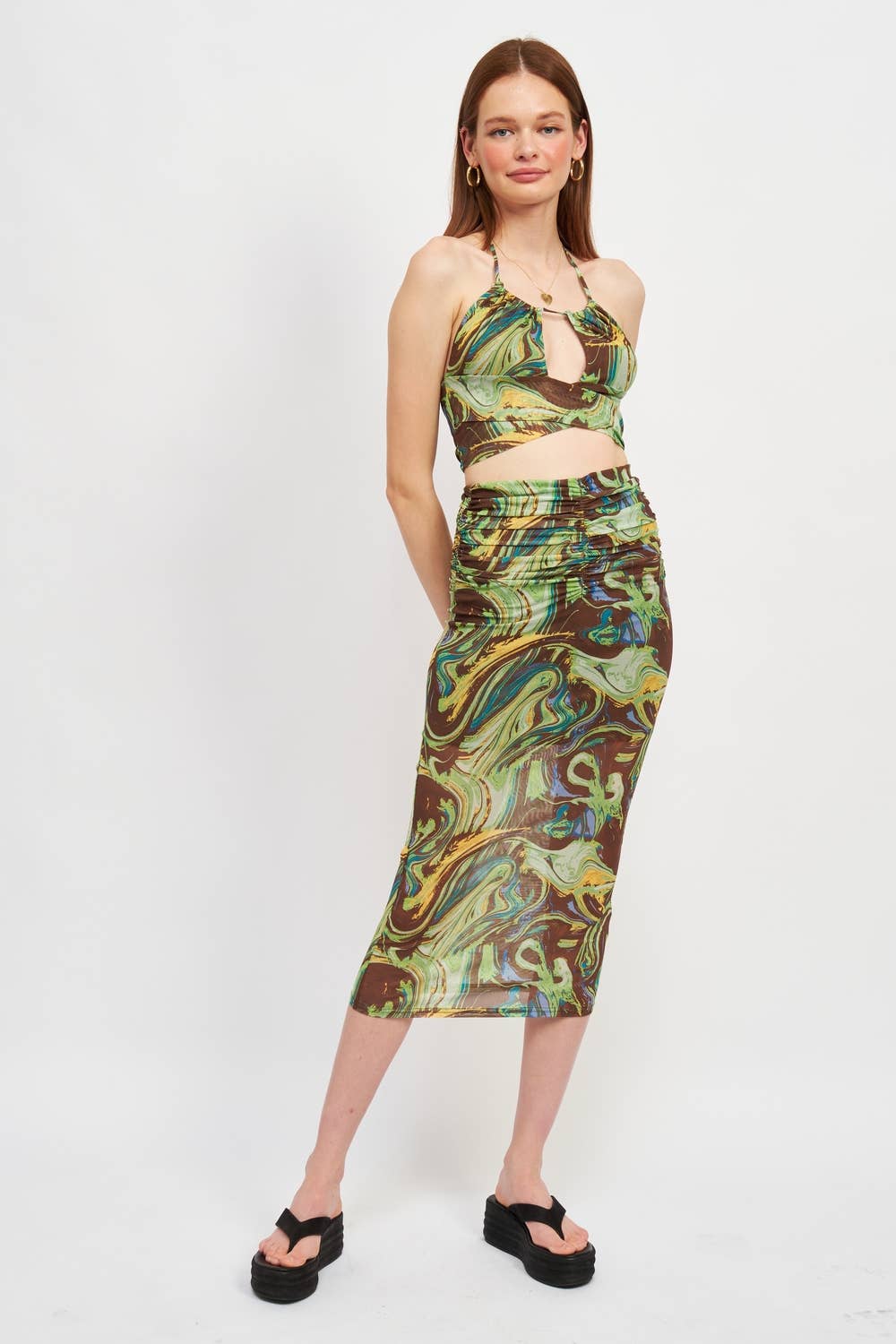 High Rise Ruched Skirt in Brown-Green Swirl