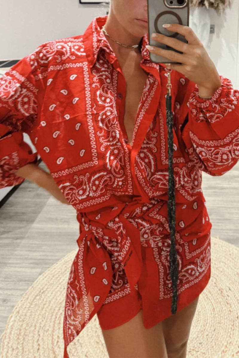 Paisley Shirt and Skirt Set in Red — front view