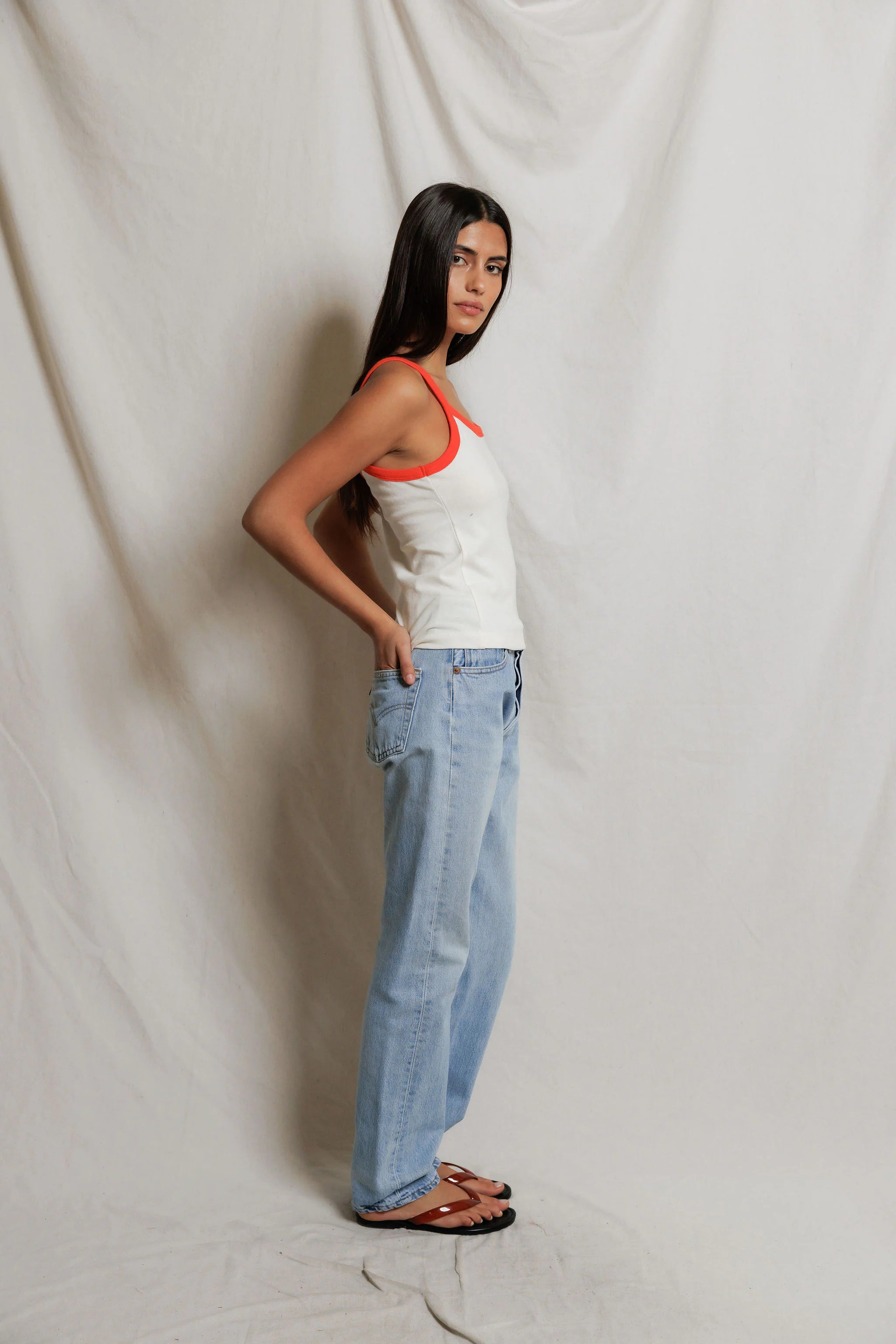 Cherry Cotton Jersey Ringer Tank in Ivory/Clementine view 2