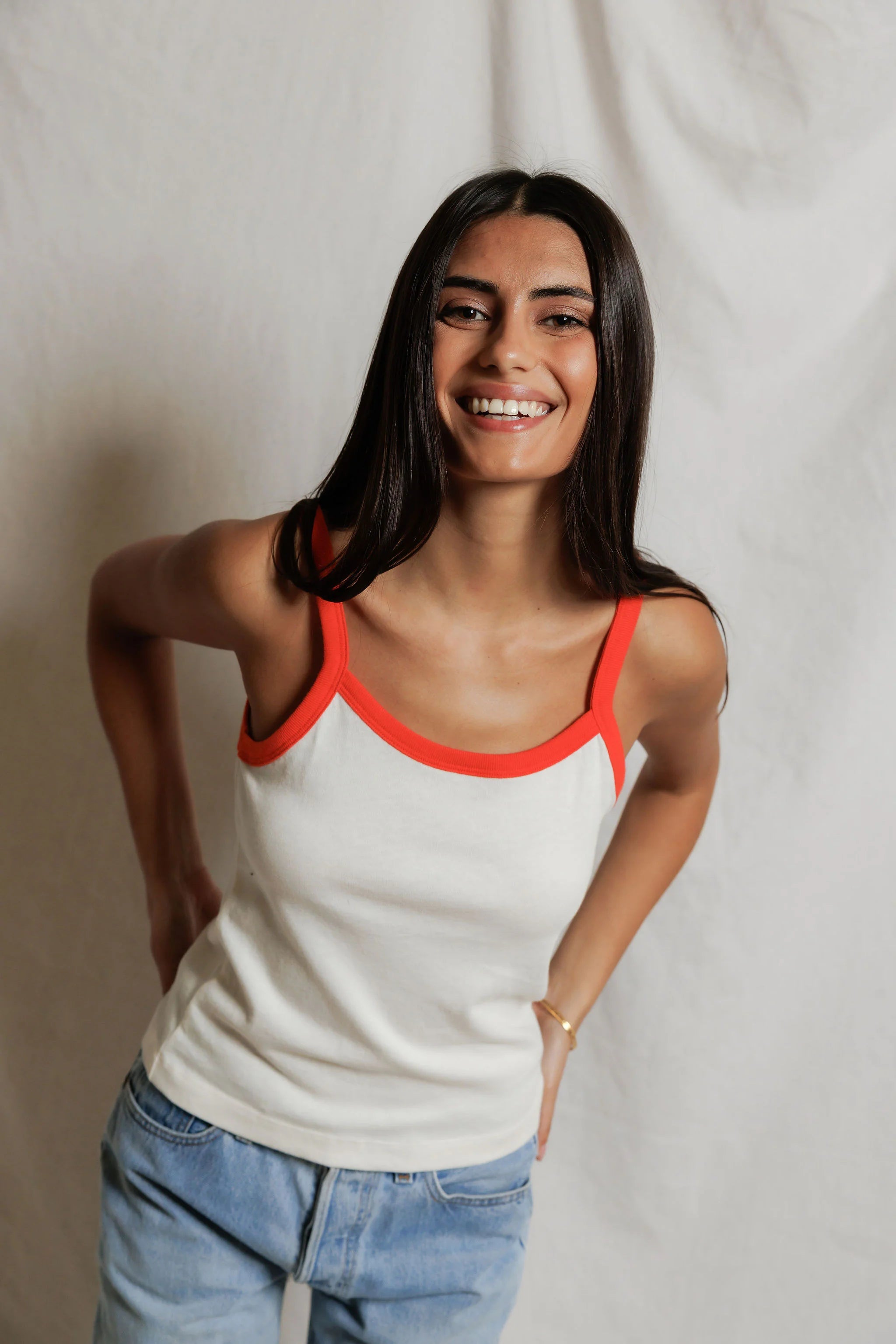 Cherry Cotton Jersey Ringer Tank in Ivory/Clementine front view
