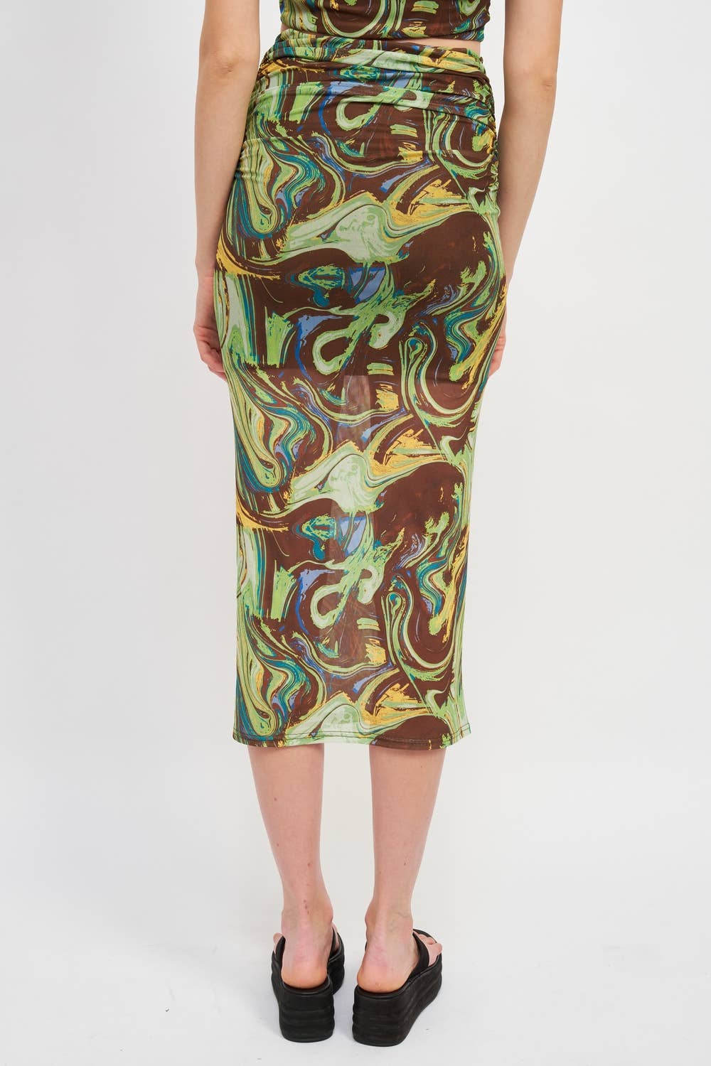 High Rise Ruched Skirt in Brown-Green Swirl — view 4