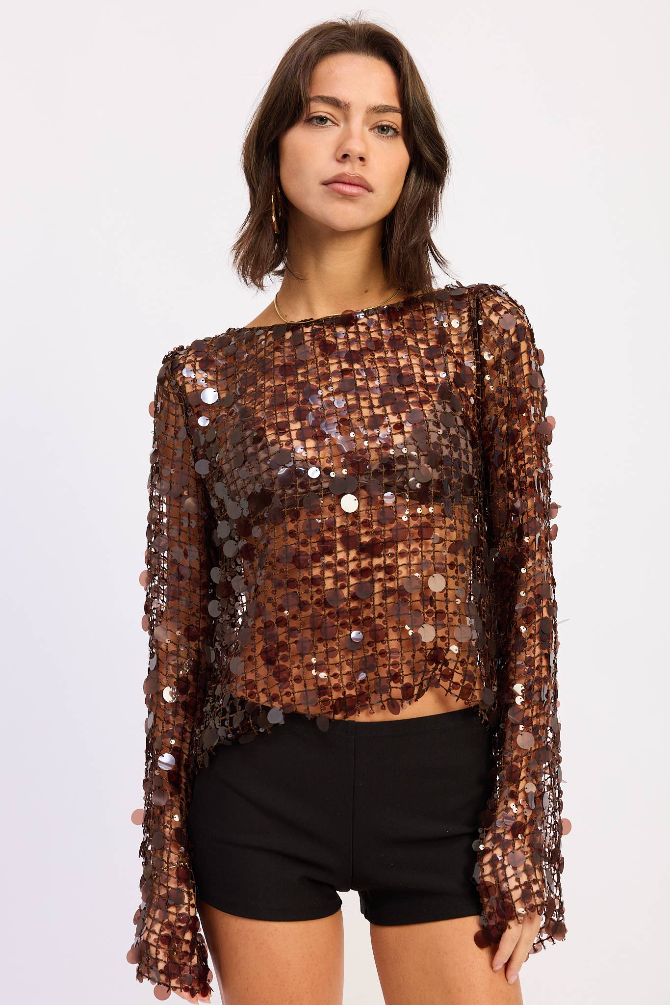 Long Sleeve Sequin Mesh Top in Brown