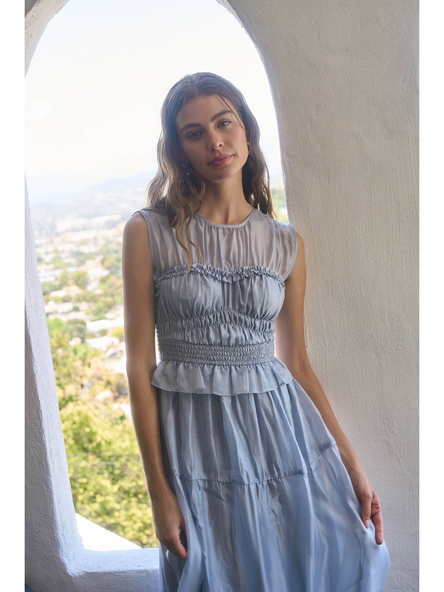 Chiffon Sheer Yoke Smocked Midi Dress