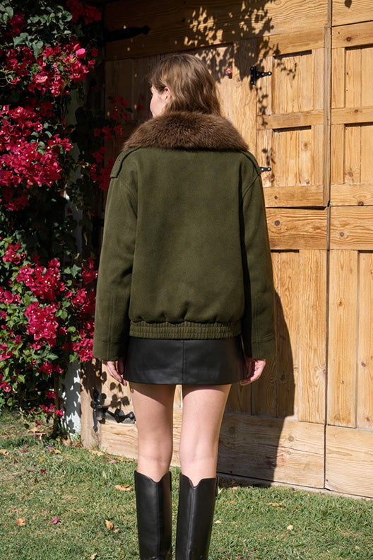 Faux Suede Jacket with Detachable Faux Fur Collar in Brown