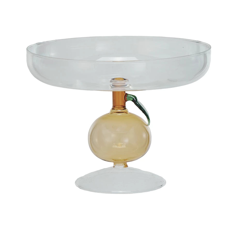 Glass Pedestal w/ Orange Shaped Base, Green & Amber Color