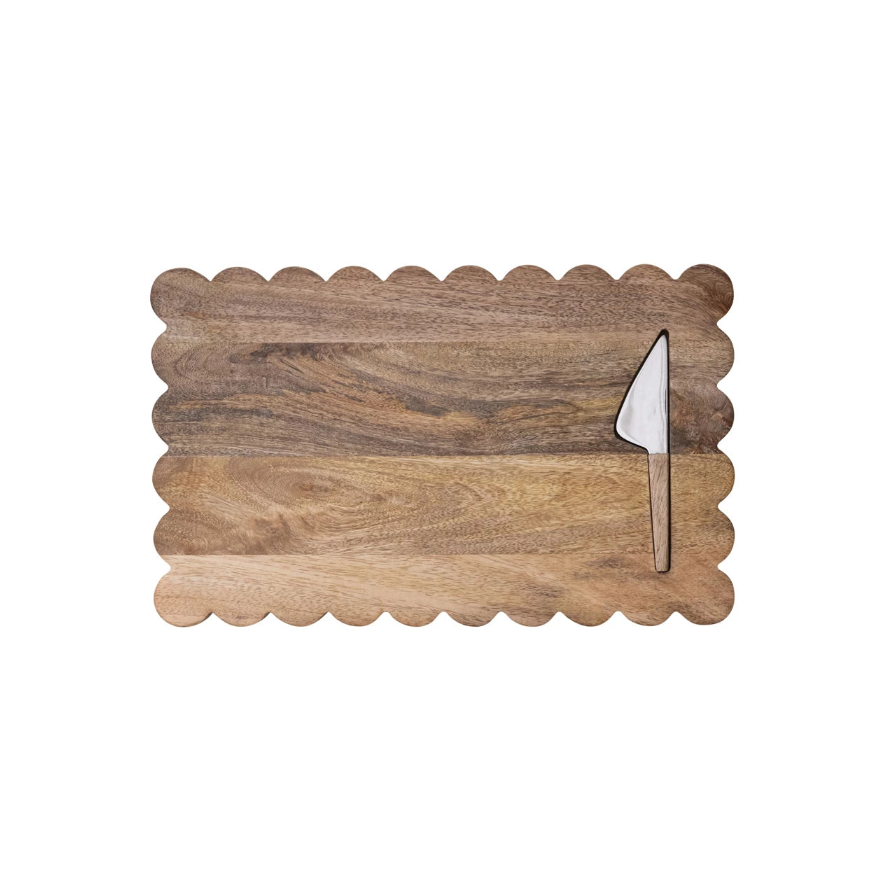 Mango Wood Scalloped Cheese/Serving Board w/ Stainless Steel Cheese Knife — front view