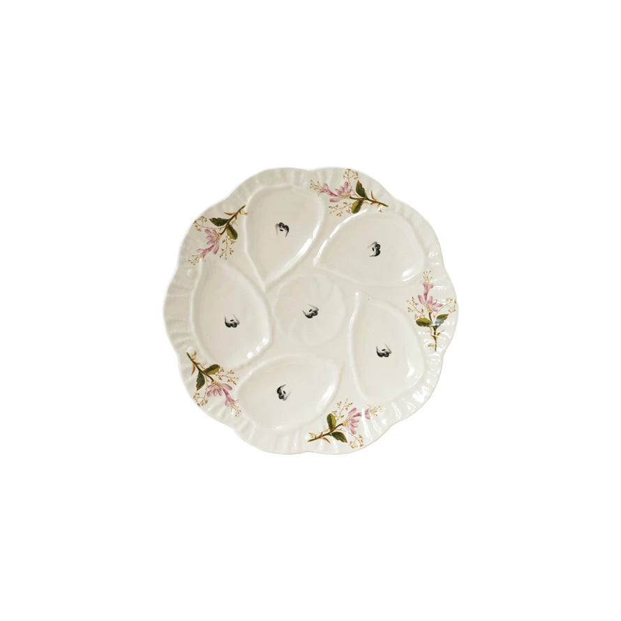 Stoneware Vintage Reproduction Scalloped Oyster Plate w/ Flowers — front view