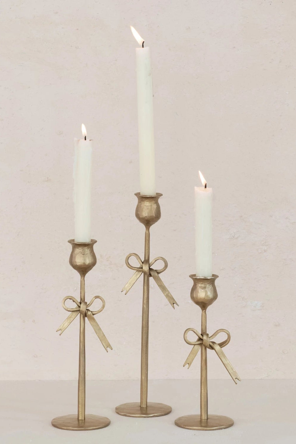 Hand-Forged Iron Taper Holders with Bow in Antique Gold — view 2