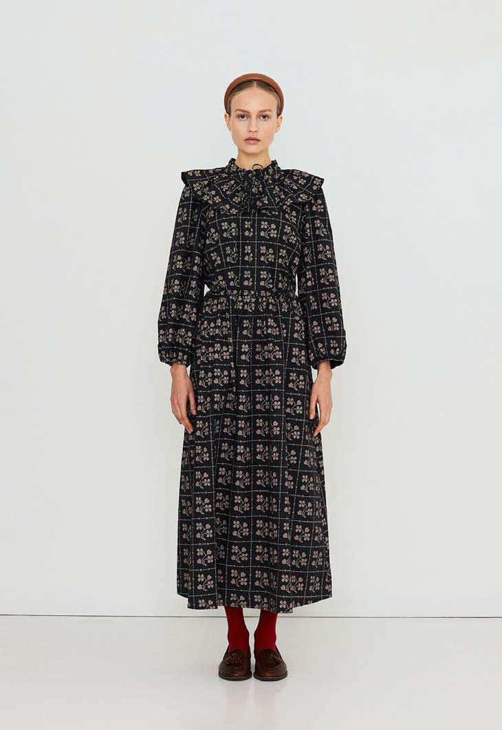 Dots Flowers Puff Sleeves Blouse in Navy