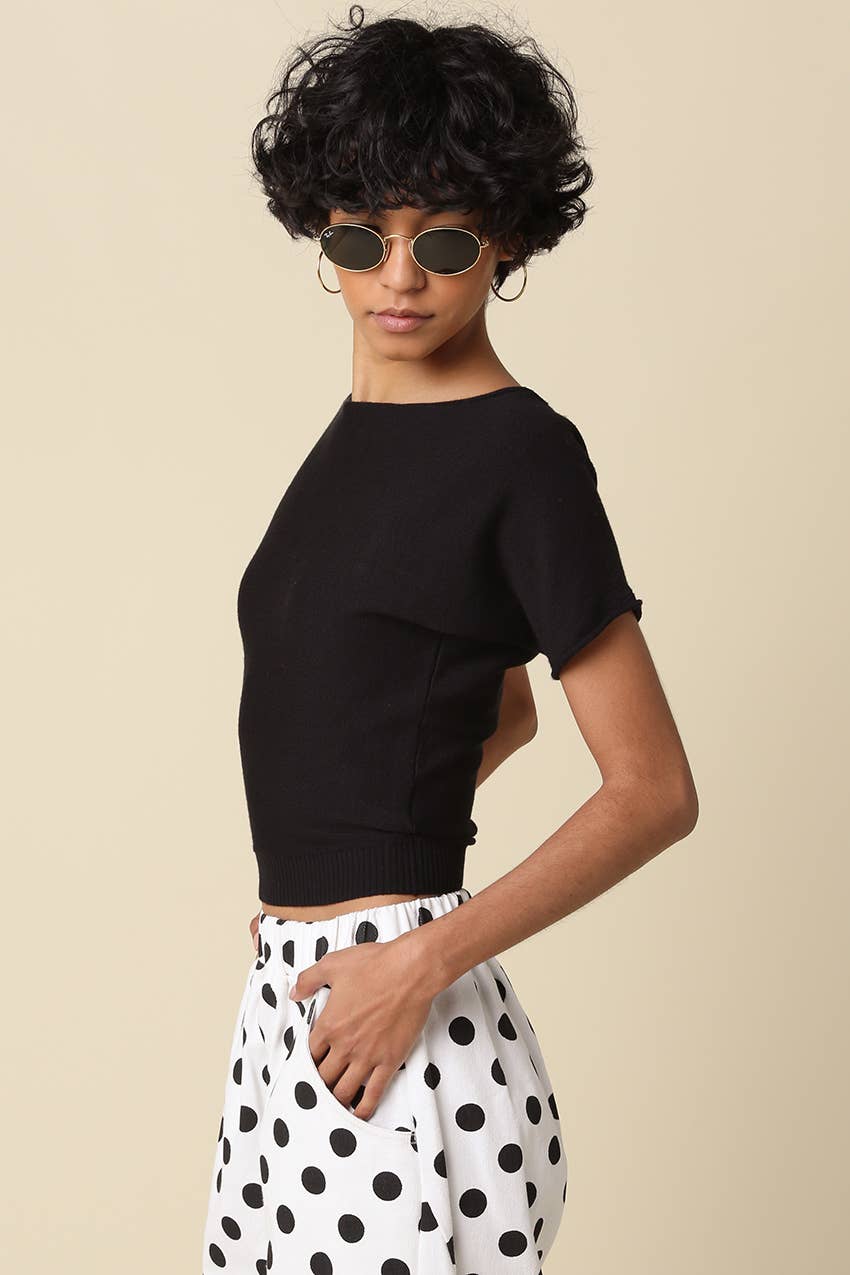 Angela Boat Neck Cinched Tee in Black