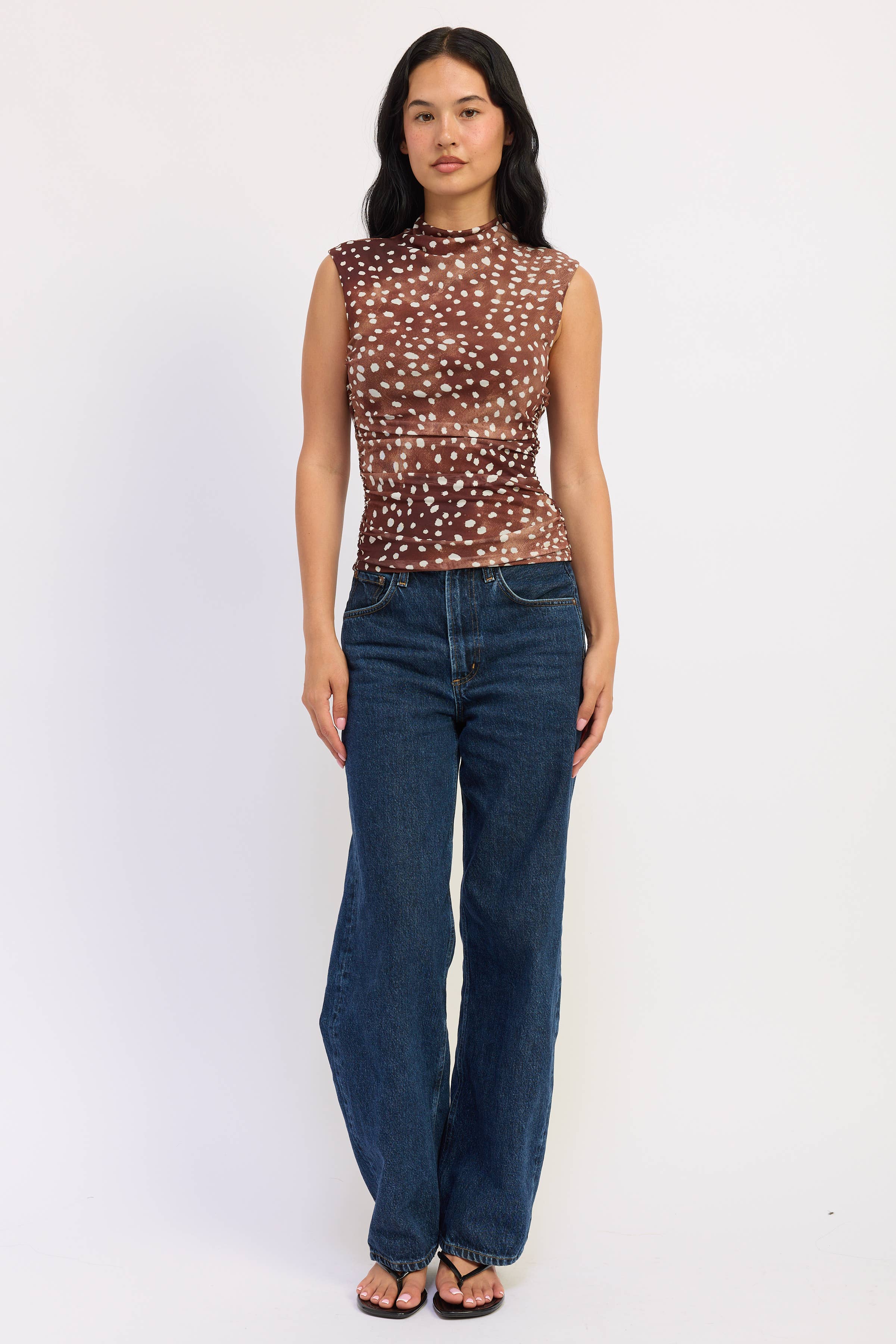 Emory Park sleeveless fitted mesh top in fawn print, styled view