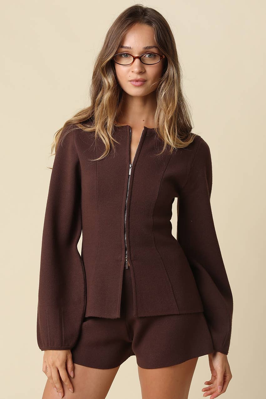 Sadie Peplum Zip Front Knit Top in Coffee - view 1