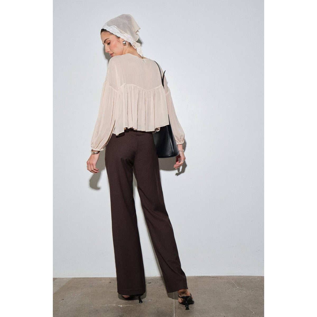 Rosalie Sheer Chiffon Lace Trim Babydoll Blouse with Scarf in Tan — view 3