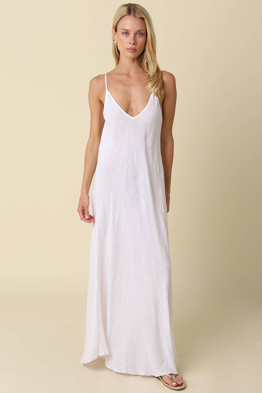 Adeline Flowy Linen Maxi Dress in White by Olivaceous, front view
