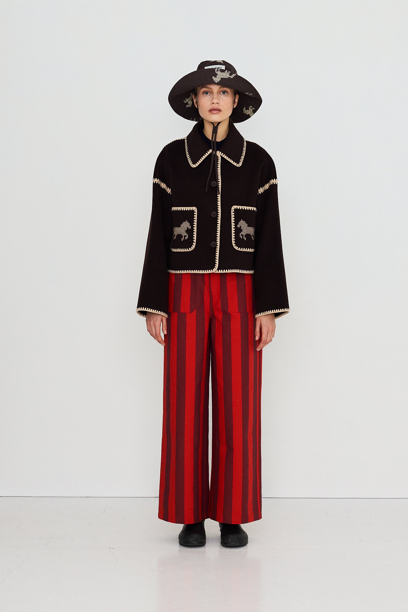 Short Horses Embroidered Coat in Charcoal — The Tiny Big Sister — view 4