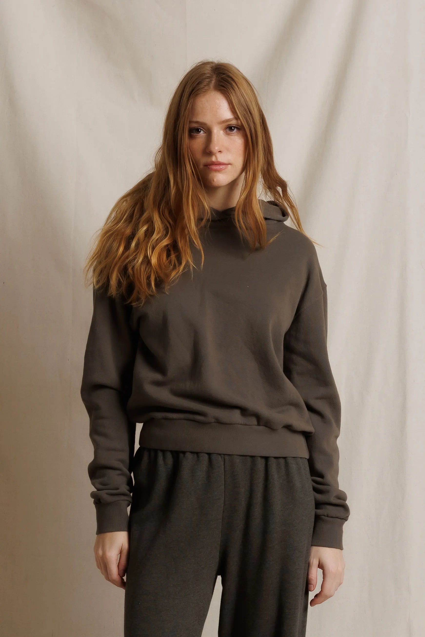 Heart Pullover Hoodie in Dark Olive front view