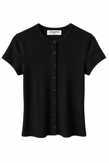 Miriam Luxe Rib Crewneck Short Sleeve Cardigan in True Black