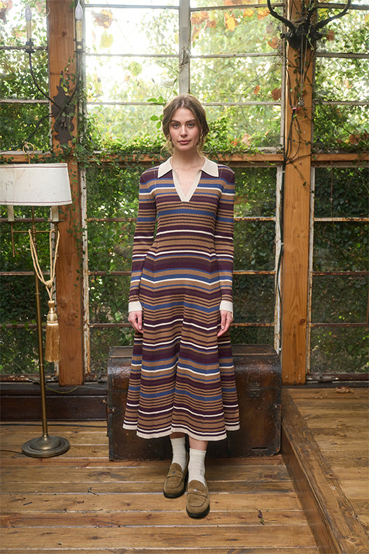 Stripe Collared Long Sleeve Midi Dress in Camel Multi