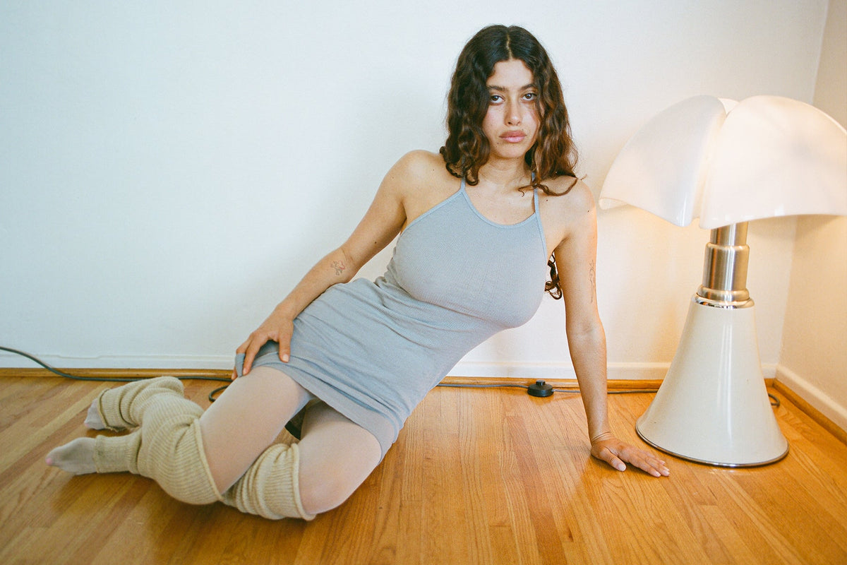 Pointelle Miro Mini Dress in Neutral Grey — studio, second look