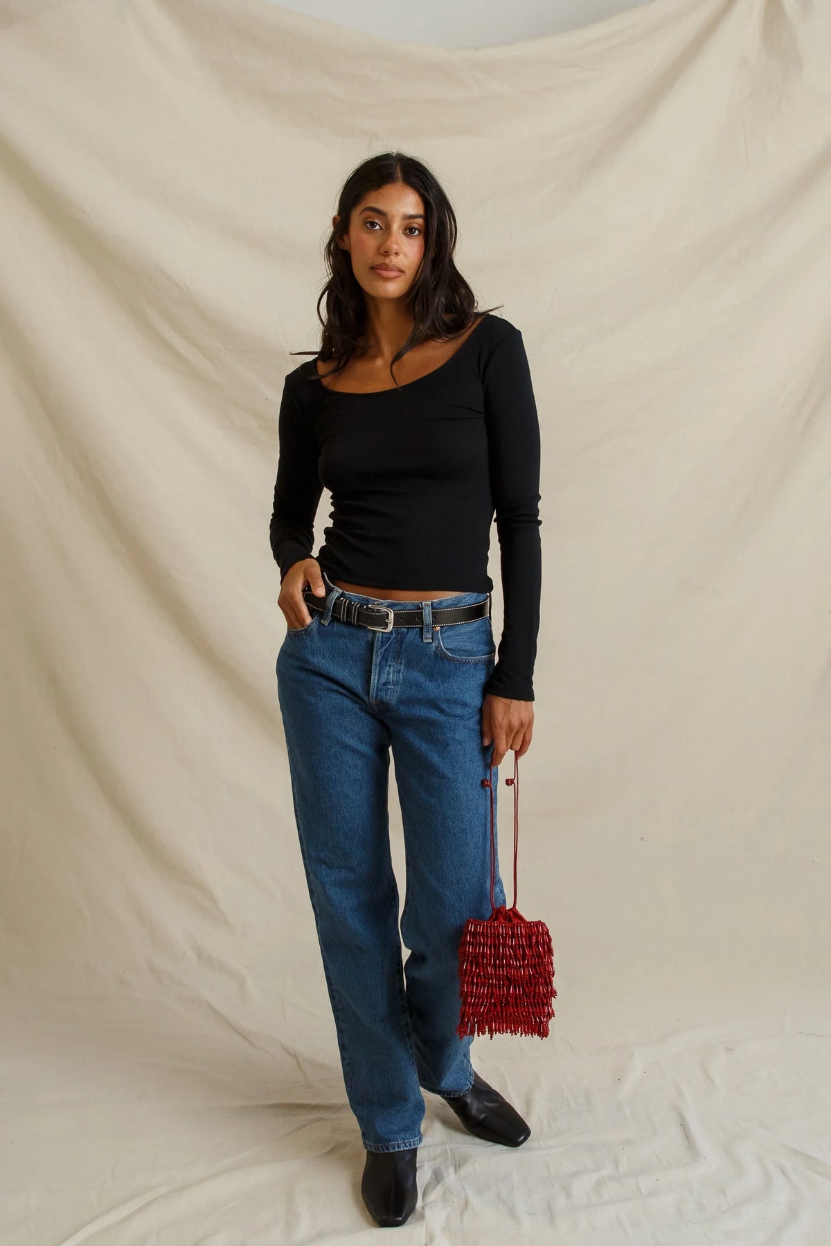 Penelope Rib Scoop Neck Top in True Black - view 2