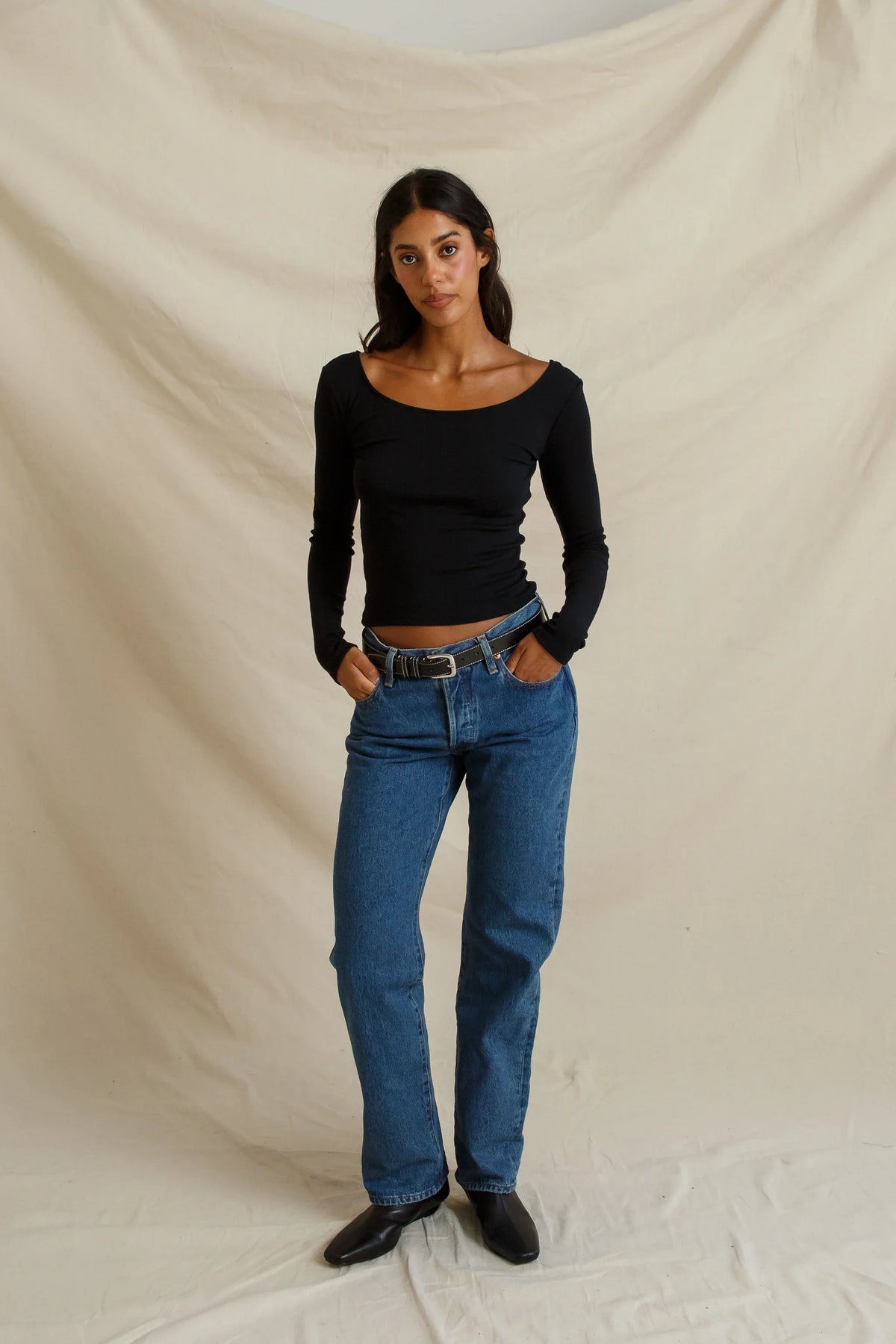 Penelope Rib Scoop Neck Top in True Black - view 3