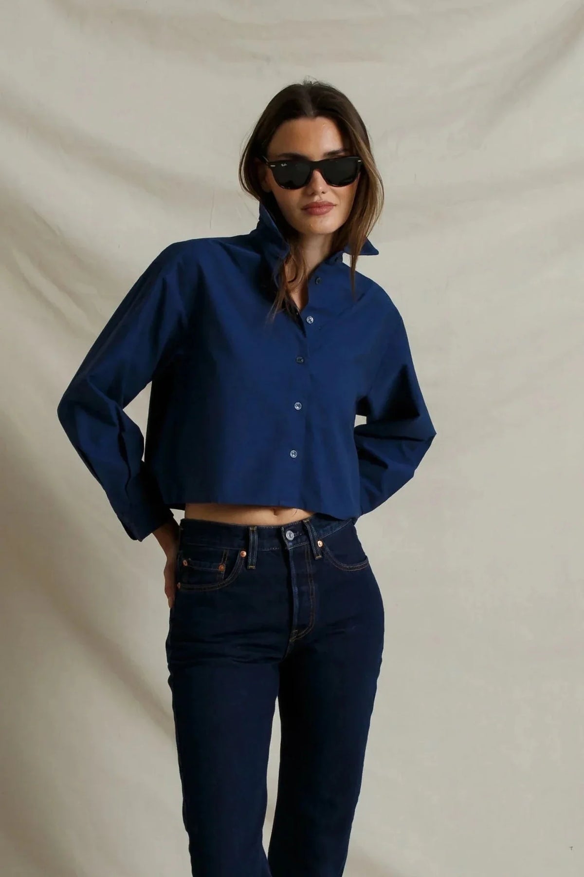 Naomi Button Down Shirt in Navy, showing the cropped boxy cut and dropped shoulder
