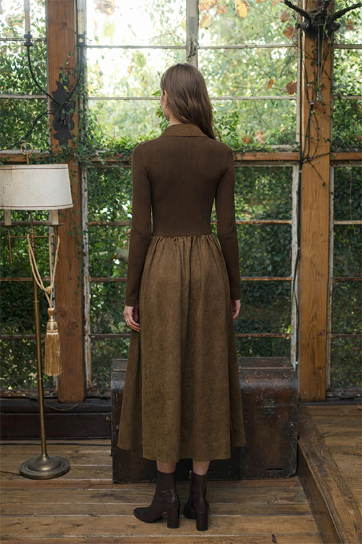 Contrast Lace-Up Tie Twofer Midi Dress in Olive - view 2