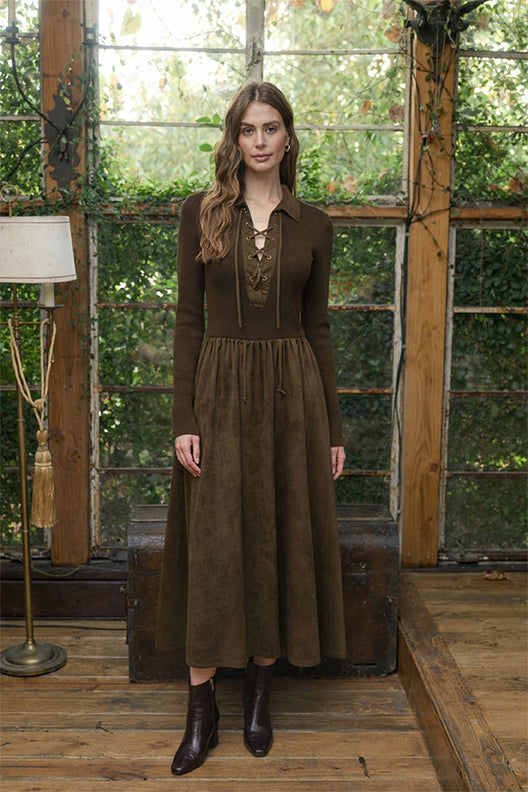 Contrast Lace-Up Tie Twofer Midi Dress in Olive - view 1