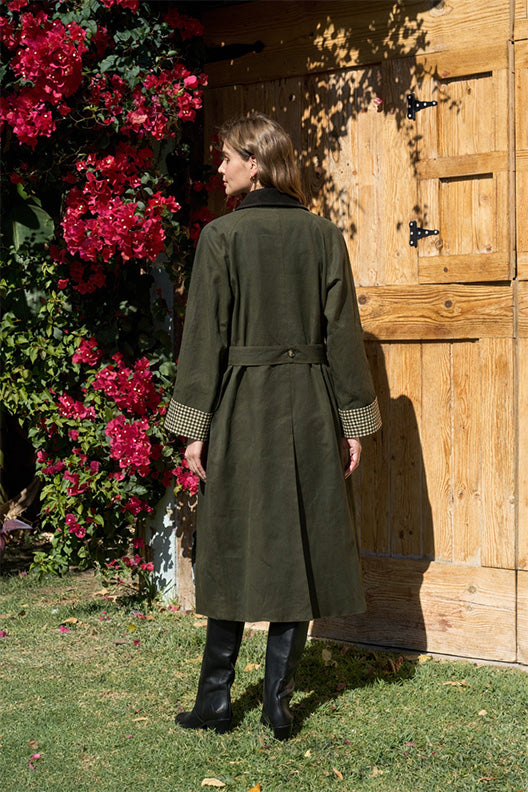 Contrast Plaid Car Coat in Olive Brown - view 2