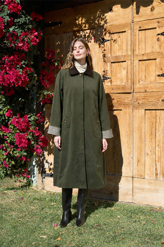 Contrast Plaid Car Coat in Olive Brown - view 1
